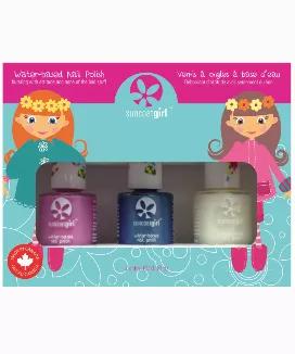 <p>Suncoatgirl Trio Natural Nail Beauty Kit with 1 page nail decals.<br />Create fun and unique nail art designs with our natural kids nail polish and nail decals.</p><ul><li>Each bottle is made with up to 70% water</li><li>No chemical fumes! Only water evaporates into the air when applied, healthier for your body and the environment</li><li>Peels off, no nail polish remover is needed</li><li>Odorless, non toxic</li><li>No chemical solvents! Free of toluene, formaldehyde, phthalate plasticizers,