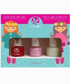 <p>Suncoatgirl Trio Natural Nail Beauty Kit with 1 page nail decals.<br />Create fun and unique nail art designs with our natural kids nail polish and nail decals.</p><ul><li>Each bottle is made with up to 70% water</li><li>No chemical fumes! Only water evaporates into the air when applied, healthier for your body and the environment</li><li>Peels off, no nail polish remover is needed</li><li>Odourless, non toxic</li><li>No chemical solvents! Free of toluene, formaldehyde, phthalate plasticizers