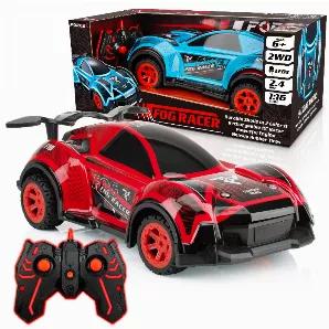 The Fog Racer RC car is a high-speed remote control car that leaves a trail of fog in its wake! Also, enjoy 5 bright flashings LED modes, 2 swappable LED car toy shells (screwdriver included), non-slip 2WD tires, and a rechargeable battery with every pack Swap between 2 shell designs using the included screwdriver; this remote control car includes 2 durable shells in red and blue colors that light up with bright LEDs, drives with a powerful engine, and rolls on nonslip rubber tires Add water on 
