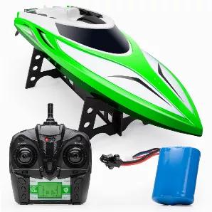 Length: 13.75
Width: 3.67
Height: 3.00
The Velocity RC toy boat races across the water at 20+ mph; take control of this high-speed boat with the included 2.4GHz remote from as far as 120 meters. The boat features easy directional controls, a double-hatch body for increased water resistance, capsize recovery mode to turn the boat upright if flipped, a water-cooled engine, and a high-capacity battery for a longer run time. Includes: - 14" Remote control speedboat includes - (1) rechargeable 7.4