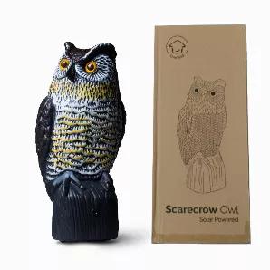 These owl scarecrow bird scare devices have a 5-ft. bird control range to get rid of pests; bird deterrent products scare pests with flashing eyes and scaring alarm sound that can be switched on or off Realistic-looking decoy owls scare away birds and pests humanely without harm or chemicals; motion owl decoration decoys are durable, hand-painted plastic garden owls measuring 15.5 inches H x 7 inches W These plastic owls for bird control are highly effective woodpecker deterrent and pigeon deter
