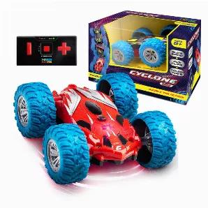 MINI RC STUNT CAR FOR KIDS: The Cyclone Mini RC car features 2-sided off-road driving, bright LEDs, and tough all-terrain rubber tires; includes an easy remote control transmitter for 1 button spins and stunts DUAL SIDED FLIPS AND TRICKS: This mini RC car spins, turns, and performs 360 Degree flips with a push of a button; race these high speed RC cars with grippy rubber tires on any terrain REMOTE CONTROL TOY CAR: Hit Cyclone Mode on the car remote and see this RC crawler perform tricks, flips,