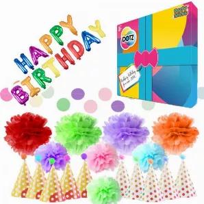 Celebrate with colorful birthday decorations for adults and kids; Includes (1) Happy Birthday letter Mylar balloons, (10) polka dot party hats, (8) pom poms, and (2) polka dot string banners These birthday party favors feature fun retro designs for birthday girls and boys; colorful polka dots and poms add extra splendor to your event Save on birthday party balloons with our foil Mylar letter balloon birthday banner (inflator straw included) Festive and versatile for kids, adults, men and women; 