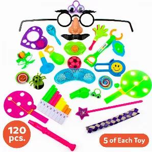 Fill party favor bags with 120 colorful noisemakers, tops, finger puzzles, mini yo-yos, googly eyes, spider jumpers, spring toys, and party toys. These party favors for toddlers are crafted in high quality nontoxic plastic. Use as treasure box prizes for classroom parties, birthday party favors, carnival prizes, goody bag stuffers and pinata fillers