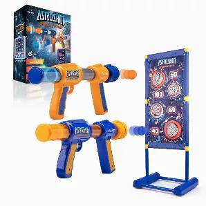 This multi-player target shooting game is great for solo play or for playing with family and friends at home, the backyard, and beyond Each of these ball popper toy guns requires no batteries and uses air to shoot foam balls up to 26 ft shooting range; load up to 10 soft foam balls into each toy blaster gun, pump, then rapid-fire the balls into the scoring pockets on the moving target Easily assemble the standing target and install (4) AA batteries - not included); the moving target features 2 s