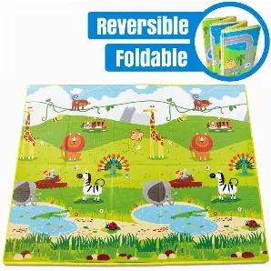 <p>Folding playmat, folded: 2' 5" l x 1' 2" w, unfolded: 5' 10" l x 4' 10" w, reversible design, 100% nontoxic waterproof, carrying case. Comfortable foam play mats perfect as indoor or outdoor mats for playing and crawling. These foldable playmats are perfect for daycare, nurseries, and classroom rugs</p>