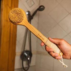 Bamboo Dry Brush with Vegan Sisal Bristles 
<br>
As the name suggests, a dry brush does not require water. Use a circular motion across your skin to lift dead skin cells and increase circulation. It can be used in the shower though (many customers love using this as a shower back scratcher!) 
<br>
Dimensions: <br>
13 inches long <br>
3 1/4 inches wide <br>
3/4 inches in bristle length <br>

Ideal For:  <br>
Zero waste/refill stores, gift stores, salons, spas, yoga centers, restaurants, Co- Ops, 