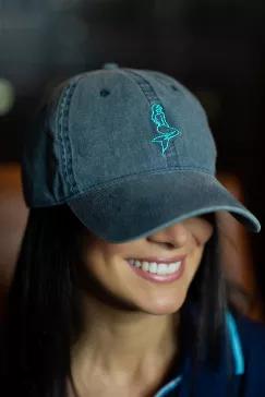 UPF 50+ Distressed denim 6 panel baseball caps with an adjustable fabric back. Presenting the mermaid front and center! Available in Pink or Gray.