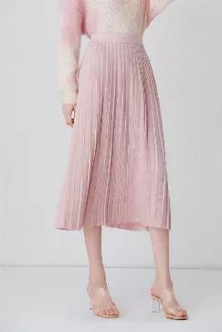 <p>Fabric: 33.2 Wool</p>
<p> 36.2% Acrylic</p>
<p>  30.6% Polyester</p>
<p>Color: Pink</p>
<p>Care: Hand wash or dry clean.</p>
<p>Long A-line skirt with pleats and elastic waist. This pink, long, soft knit skirt has an elastic waistband for a comfortable fit. The A-line design is flattering on most body types and the high waist ensures coverage without being too tight or restrictive.</p>