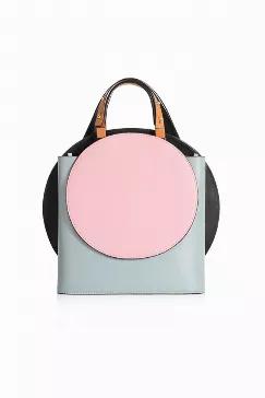 <p>Material: 100% Calfskin</p>
<p>Color: Pink, Baby Blue</p>

<p>This bag has a circle-shaped exterior with three layers and an interior zip pocket. It also comes with shoulder straps for carrying or wearing on your shoulders. The tonal stitching completes this bag's design</p>