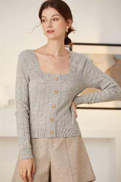Fabric: 100% Wool<br><br>Color: Gray<br><br>Care: Hand wash or dry clean<br><br><br>The pure wool sweater is fitted silhouette. The cable stitch on this sweater adds a unique touch. Its long sleeves will keep you warm. Square neckline. Unlined.