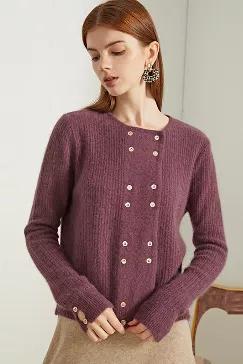 <p>Fabric: 35% Racoon</p>
<p>65% Wool<br><br><span>Color: Purple <br><br> Care: Hand wash or dry clean</p>
<p>A beautiful, soft, and lightweight cardigan. It has an elegant round neckline with racoon fabric blend. This double breasted cardigan is long sleeved and button cuffed for warmth and comfort. The H shape of the sweater makes it normal fitted. Unlined.</p>