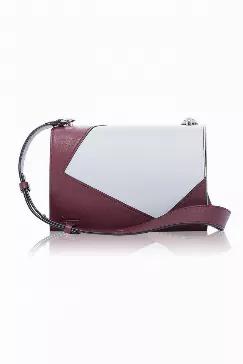 <p>Material: 100% Calfskin</p>
<p>Color: White, Purplish red</p>

<p>Flip bag with magnetic secure closure. Contrasting shape detailing on front. Multi-layered side design. Zipper on the inside comparments.</p>