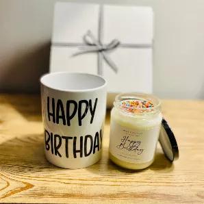 <p>Surprise your best friend, colleague, or family member with this gift set.</p>
<p>A lovely Birthday Candle that smells absolutely delious. Lots of buttery, creamy, and vanilla notes make our Birthday Cake (Happy Birthday) candle irresistible.</p>
<ul>
<li>Happy Birthday COFFEE Mug</li>
<li>Holds approx 15 ounces of your favorite liquid</li>
<li>Mug is designed to have a handcrafted look</li>
<li>Measures 4.5" high</li>
<li>Material-Ceramic </li>
<li>Color-White</li>
</ul>
<p>This delightful g