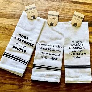 <p>Kitchen Towel Sets with quirky sayings to cheer anyones day. 3 x towels in each set. Perfect for gifts.</p>
<p>100% Cotton</p>
<p>Size-15"x25"</p>
<p>CARE INSTRUCTIONS: Machine wash cold. Gentle cycle.</p>