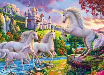 Sometimes it takes a world of fantasy to add a little magic to your day. Mystical unicorns prance through a shimmering stream as a majestic castle towers above. You can almost hear the thunder of the mountain waterfall or catch the sweet scent of flowering blossoms as the sunlight peaks over the horizon. Made in the USA. This delightful 1,000 piece puzzle features a precision cut image on high-quality blue board. The fully-interlocking pieces are poly-bagged to insure their protection inside the