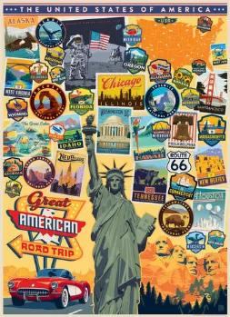 The call of adventure awaits in this ode to the great American road trip. Momentos, souvenirs, patches, and points of interest pay tribute to the famous byways, routes, and highways that have satisfied bucket lists for decades. Proudly made in the USA. This beautiful 1,000 piece jigsaw puzzle features a precision cut image on a high-quality blue board. The fully interlocking pieces are poly-bagged to ensure their protection inside the shelf-friendly, 12" x 10" box. The completed puzzle measures 