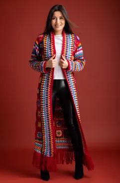 "Our handmade Granny Square Crochet Kimono is a super stylish and sought-garment design for a modern woman. With an elegant look and unique design, this long kimono features crocheted multi-floral motif squares in a patchwork style with an open-front pattern. <br data-mce-fragment="1"><br data-mce-fragment="1">
<ul>
<li>Material: 100% Wool</li>
<li>Size: 39" long, 9.8" armhole</li>
<li>Imported</li>
</ul>