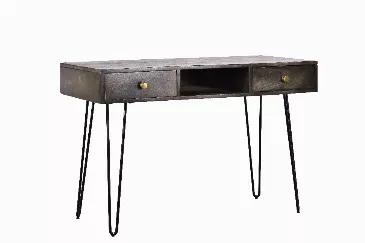 This 45 x" 21x" 30 rectangular table with a gray wooden and black powder coat metal finish is perfect for a student's room or home office! This piece has a smooth countertop, two drawers with attractive handles, and a spacious shelf between the drawers. You can write on it, or you can use it to place your vases, books, or anything you want! Add a touch of glam and personality to your home with this modern table!