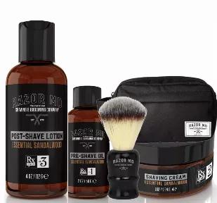 <h3>This is the Mack Daddy of all Men's Shaving Gift Sets!</h3><h3>Makes for the most excellent men's gift.</h3><h3>It consists of;</h3><h3>-8oz Sandalwood shave cream</h3><h3>-4oz Sandalwood Post Shave Lotion</h3><h3>-2oz Sandalwood Pre-shave Oil</h3><h3>Travel Size Shave Brush with Synthetic Bristles</h3><h3>Black Dopp Bag with RAZOR MD woven label</h3><img class="alignnone wp-image-1592 size-medium" src="https://www.razormd.com/wp-content/uploads/2021/01/shave-bundle-with-brush-bag-300x280.pn