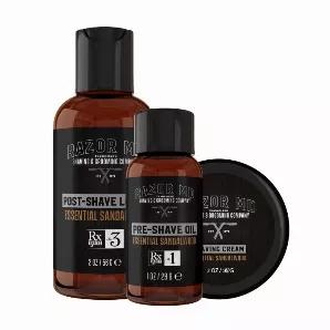 Conquer and power your shave no matter where.Need to travel light but still keep well groomed, this 3 piece Travel-Approved kit is perfect.Designed For All Skin Types | Paraben Free | Barber Tested and Approved-Pre Shave Oil - 1oz-Shave Cream-Non Lathering - 2oz-Post Shave Lotion - 2ozHoused in clear bag for easy travel