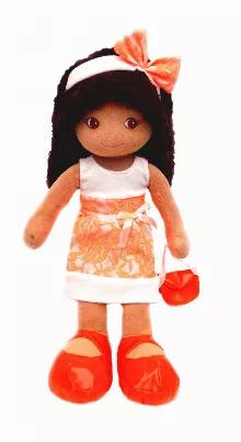 Emme Is A Beautiful Tan Skin Doll Dressed In A Stunning Orange Lace Dress With Soft Beige Velvet Fabric Trim At The Top And At The Hem. She Is Wearing Her Hair Down, With Lace And Velvet Headband To Match Her Dress. Shiny Orange Shoes And Matching Purse Complement Her Outfit. <br>Brown Embroidered Eyes And Soft Velvety Tanned Skin<br>Soft Fabric Doll Size: 18" 
