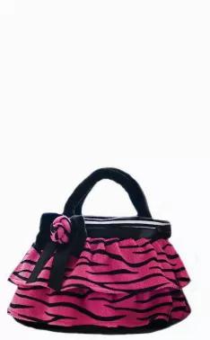 This Zebra Print Holiday Bag Is Charming With Ruffle Layers Styled As A Skirt, With Satin Ribbon And Large Flower. Perfect For A Toddler, This Purse Can Be A Doll Carrier Or Can Be Used As A Real Girl's Handbag.<br>Size - 12"L<br>Color - Pink