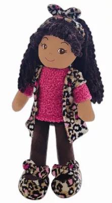 Emme Is A Soft Brown Skin Baby Doll With Long Brown Hair, Accessorized With A Pink Leopard Headband. She Wears A Pink Leopard Vest, A Pink Fuzzy Shirt With Brown Leggings, And Leopard Shoes. An Adorable Black Doll<br>Size - 18"L<br>Color - Pink