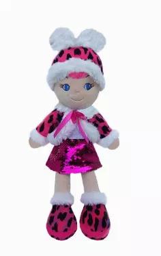 Leila Is An Adorable Baby Doll With Pink Leopard Hat, Matching Pink Leopard Removable Coat & Boots And Pink Sequence Skirt <br>Size - 14"L<br>Color - Pink