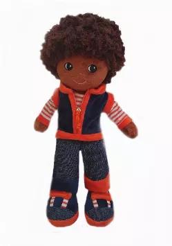 Avery Is An Adorable Plush Boy Doll With Short Brown Hair, Brown Skin, Perfect For Young Toddlers. He'S Wearing A Navy And Orange Jacket With Denim Jeans And Colorful Sneakers. <br>Brown Embroidered Eyes And Velvety Skin.<br>14" Tall Boy Black Baby Doll<br>Age Grading: 3+<br>Soft Huggable Plush Toy<br>Brown Hair Rag Doll<br> Plush Boy Rag Doll For Girls And Boys