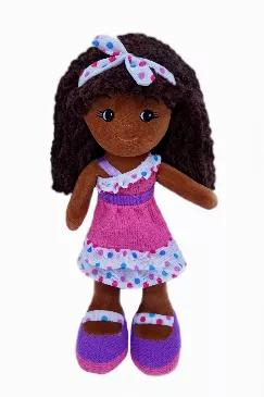 Elana Is A Dark Skin Baby Doll With Brown Curly Bangs. This Soft Black Baby Doll Looks Adorable In Her Pink Ruffles Polka Dot Outfit With Matching Headband And The Cutest Purple Mary Jane Shoes.<br>Brown Embroidered Eyes And Soft Velvety, Dark Brown Skin.<br>Soft Black Rag Doll: 14" Size<br>Super Cuddly Black Doll Is A Great African American Doll For Girls
