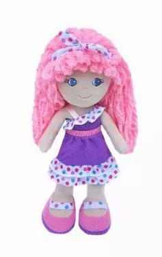Leila Is An Adorable Baby Doll With Pink Hair & Polka Dot Headband. She Is Wearing A Purple Polka Dot Dress & Matching Shoes<br>Size - 14"L<br>Color - Pink