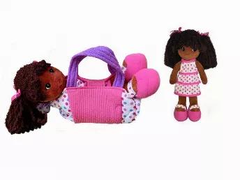 Elana Is An Adorable Baby Doll With Brown Hair And Brown Skin. She Is Wearing A Pink Polka Dot Dress & Matching Shoes. She Comes With A Bonus Toddler Purse.<br>Size - 14"L<br>Color - Pink