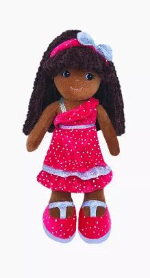 Emme Is A Beautiful, Dark Brown Skin Black Baby Doll. She Wears Her Hair Loose, Tied With A Hot Pink Sparkle Headband. A  Beautiful Pink Sparkle Dress With Silver Bow And  Silver Metallic Shoes Completes Her Outfit<br>Brown Embroidered Eyes.<br>Super Soft Plush Rag Doll Size: 18"L<br>Great Black Doll For Girls<br>Black African American Doll With Dark Brown Skin.
