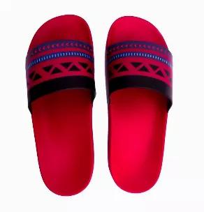 Indoor And Outdoor Slide. Great Home Slippers Or Beach Sandals Or Just For Every Indoor Or Outdoor Use<br>Vegan Leather Upper, Synthetic Non Slip Sole<br>Dual Sizing And Wide Slide For Comfortable Fit. <br>Contoured Footbed<br>Flexible And Thick Cushioned Sole For Comfort And Good Heel Support. Red/Black Ethnic Print Upper, Red Color Sole