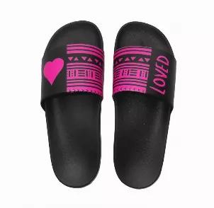 Indoor And Outdoor Slide. Great Home Slippers Or Beach Sandals Or Just For Every Indoor Or Outdoor Use<br>Vegan Leather Upper, Synthetic Non Slip Sole<br>Dual Sizing And Wide Slide For Comfortable Fit. <br>Contoured Footbed<br>Flexible And Thick Cushioned Sole For Comfort And Good Heel Support. Pink/Black Ethnic And Heart Print Upper, Black Sole<br>Size : 6.5/7, 7.5/8, 9/9.5 , 10<br>Color : Black<br>Made In Country : China