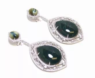 <p>You'll love the elegant green jasper in this earrings! The chic Round Cabochon green tiger's eye on top adds more beauty to it. It is 3" long which will make an statement on your ears. The Simulated diamond mixed with the jasper and platinum embracing bring a unique coloring to wear this lovely duo to instantly elevate your look! These earrings are secure to ears via omega back.<br></p><h3>Drop Earring Details</h3><ul><li>Metal: 925 sterling silver, Platinum Embraced</li><li>Stone Information
