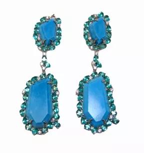 <p>Behold the beauty and splendor of this sparkling swirl design from Canari Jewels ! Simulated green quartz surround and draw the eye in to each unique hand cut turquoise gem stones. They're crafted of polished sterling silver and secure to the ears via omega backs.</p><div><h3>Drop Earring Details</h3><ul><li>Metal: 925 sterling silver</li><li>Natural Turquoise: Sliced Hand Cut 16 x 30 mm Each Stone</li><li>Natural Turquoise : Sliced Hand Cut 11 x 17 mm Each stone</li><li>Simulated White Diamo