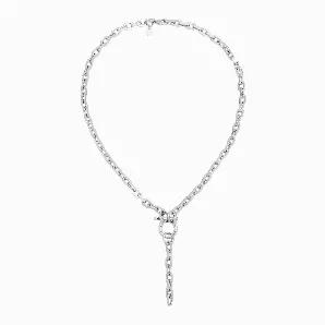 <p>The Livia Lariat necklace is made from our thick cable link chain fastened with a lobster clasp. Necklace includes 1 horseshoe clasp.</p> <ul> <li>Material: Brass</li> <li>Plating: 10K Gold or Rhodium-silver</li> <li>Chain has a clear protective coating to prevent from quick wear and tarnishing.</li> <li>Chain measures: 8.4mm wide</li> <li>Each link measures: 13.1mm long x 8.4mm wide x 2.2m thick</li> <li>Necklace Measures: 24" with a 3.75" drop</li> <li>Lobster clasp Measures: 19mm</li> <li>