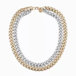 <p>Our two-toned double curb chain necklace is made from our rounded curb chain. Its the perfect finishing touch to your look. </p> <ul> <li>Material: Brass</li> <li>Plating: 10k Gold & Rhodium (silver) </li> <li>Chain has a clear protective coating to prevent from quick wear and tarnishing.</li> <li>Clasp: 15mm</li> <li>Curb chain measurement: 9.81mm wide x 2.8mm (.11") thick</li> </ul> <p>Available in the following Lengths:<br></p> <ul> <li>16" & 18"</li> <li>18" & 20"</li> </ul> <p>Our jewelr