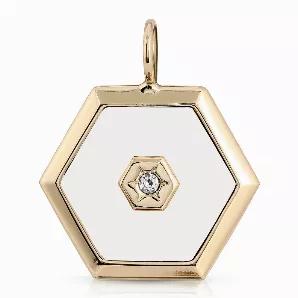 <p>Ashley Pendant is brass plated 10K gold Center of the pendant is filled with black enamel Hexagon shaped pendant measures 1.25" long x 1.58" wide Pendant's center stone is Swarovski Crystal Handmade in the USA</p>
