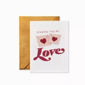 Love Card<br>Front Message: <br>Sending You My Love<br><br>Details<br>* Occasion: Everyday, Thinking of You, Valentine's Day<br>* Inside Pages: Blank inside<br>* Dimensions: A2 (4.25 x 5.5 inches)?What's Included: Single greeting card printed on 130lb. card stock with archival inks and paired with a 70lb. smooth kraft envelope made with real wood fibers and packaged in an open-top cello bag. <br>* Made in the USA<br>