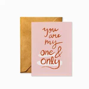 Anniversary Card<br>Front Message: <br>You are My One and Only<br><br>Details<br>* Occasion: Anniversary, Wedding<br>* Inside Pages: Blank inside<br>* Dimensions: A2 (4.25 x 5.5 inches)?What's Included: Single greeting card printed on 130lb. card stock with archival inks and paired with a 70lb. smooth kraft envelope made with real wood fibers and packaged in an open-top cello bag. <br>* Made in the USA<br>