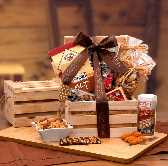A grand gesture of gourmet nuts, crackers and cheese. Filled with all new gourmet treats just premiered at the Fancy Food shows. Let Dad feats on BLT dip made with thick cut bacon, spicy cheddar and jalapeno wingman peanuts, pizza and beer cheese flavored crackers and more. A true sampling of delicious savory treats enclosed by an all wood pine crate. The Dad's Favorites Premium Nuts & Snacks Crate includes: Pine crate with lid, Kind chocolate and peanut butter bar, pizza & beer cheddar crackers