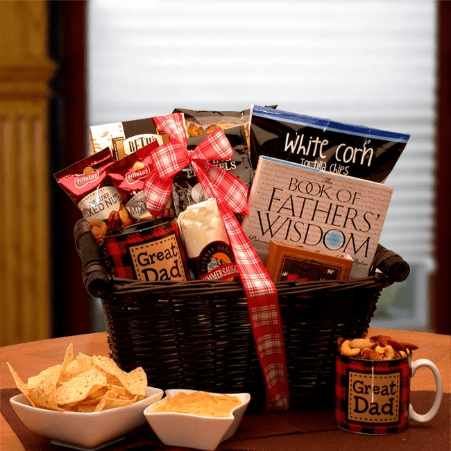 Show him how much you really do love him this year. This classic gift baskets says it all for you upon arrival. The He's A Great Dad Gift Basket includes everything he'll need to have a love filled Father's Day this year. Includes: Dark stain wicker hamper, A Book of Father's Wisdom - over 150 inspiring stories from famous fathers, Beth's chocolate chip cookies, Deluxe mixed nuts, Crunchy caramel corn, pretzel braids, 5 oz. summer sausage, white corn tortilla chips, nacho cheese dip and a Great 