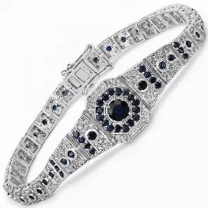 Upgrade your tennis bracelet collection with this vibrant piece. Graced by the color of royalty, this bracelet features 3.79 ct. t.w. of majestic round blue sapphire gemstones. Set in polished .925 sterling silver with rhodium plating, makes this bracelet the perfect birthstone gift for those born in september. Box with tongue and safety clasp, blue sapphire bracelet.