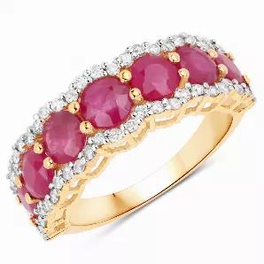 Get everyone talking with this dramatic half eternity ring set with round ruby gemstones. This gorgeous ring is made of 14k yellow gold with fine finish. The natural gemstones have a combined weight of 3.30 ct. t.w. and offer an irrepressible sparkle that will never lose its bloom! This ring is a beautiful piece that deserves a place in almost any jewelry collection.