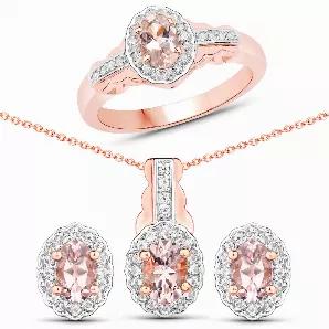 Flaunt yourself with this Morganite and White Topaz Halo Jewelry Set. The natural gemstones have a combined weight of 1.98 carats and are set in .925 Sterling Silver with Rhodium Plating. The pink hue of this jewelry set adds a pop of color to any look! The understated design and vibrant stones makes this jewelry set perfect for every occasion. Morganite Jewelry Set.