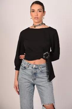 <p style="text-align: left;">A tailored black crop top with bishop sleeves and a Sabrina neckline. It features a wide strap at the hem with a sequined geometric motif. This solid top has a streamlined cut that will complement any fitted bottoms. </p><div style="text-align: left;">Material: </div><div style="text-align: left;">Sabrina neckline</div><div style="text-align: left;">Three-quarter sleeves</div><div style="text-align: left;">Cropped hem</div>