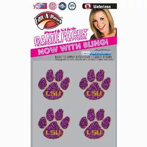 LSU Waterless Peel & Stick Temporary GLITTER Tattoo, Made of Glitter and Crushed Rhinestones with Skin Safe Adhesive.  No Water Required to Apply or Alcohol to Remove.  Just Peel off the liner and stick to your Skin.  Gameface Peel & Stick Tattoos are hassle free way to express yourself.   Safe for use on other surfaces such as clothing, cell phones, laptops and most any surface.   Each tattoo is aproximately 1.25" in size.  4 PCS per package.